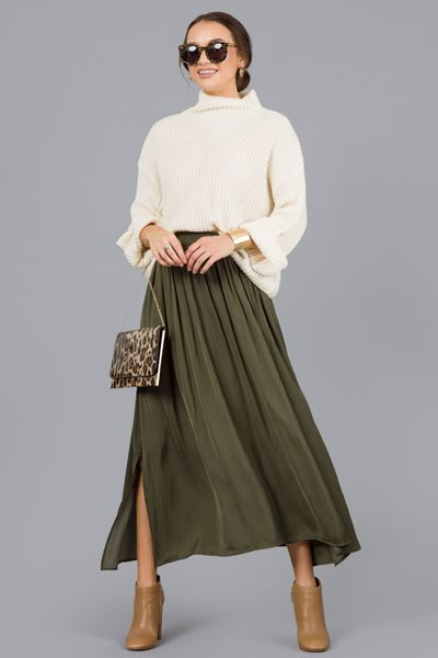 A-Line Maxi Skirt, Olive :: NEW ARRIVALS :: The Blue Door Boutique Cream Maxi Skirt Outfit Fall, Loose Pencil Skirt, Long Skirts With Belts, Olive Slip Skirt Outfit, Olive Pleated Skirt Outfit, Olive Maxi Skirt Outfit, Olive Green Midi Skirt Outfit, Olive Green Winter Outfits, Olive Outfits For Women