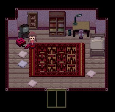 an old - school computer game with a living room in the background and a rug on the floor