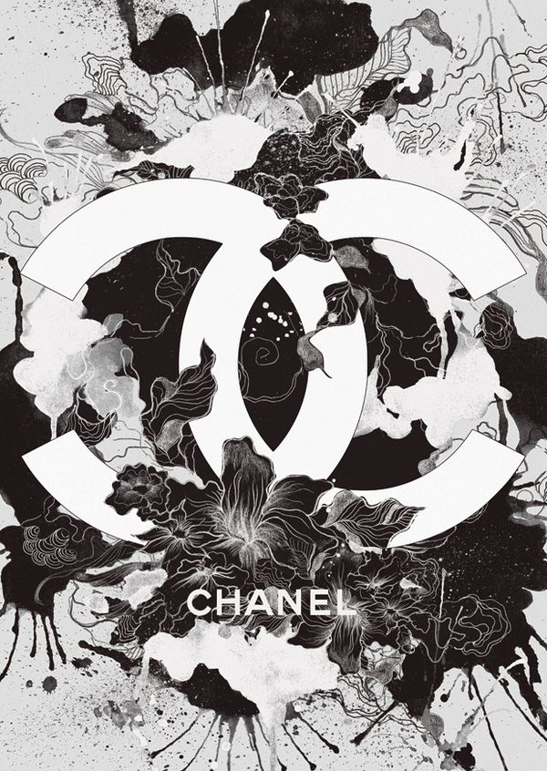 a black and white painting with the word chanel in it's center surrounded by flowers