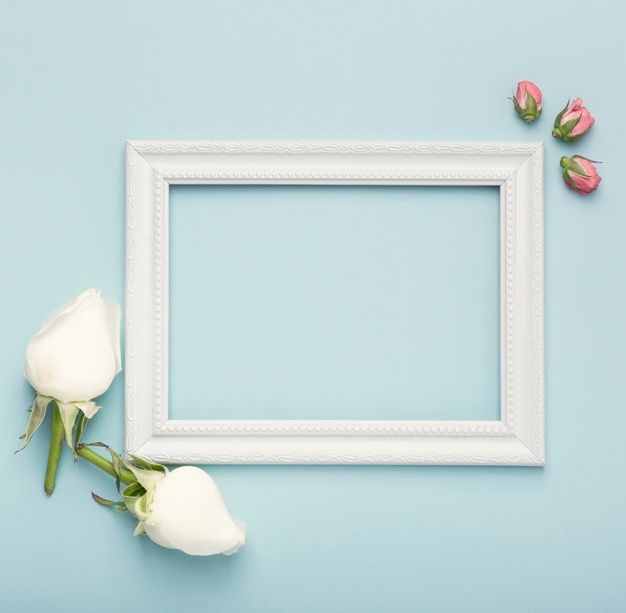 two white roses are sitting next to an empty frame on a blue background with space for text