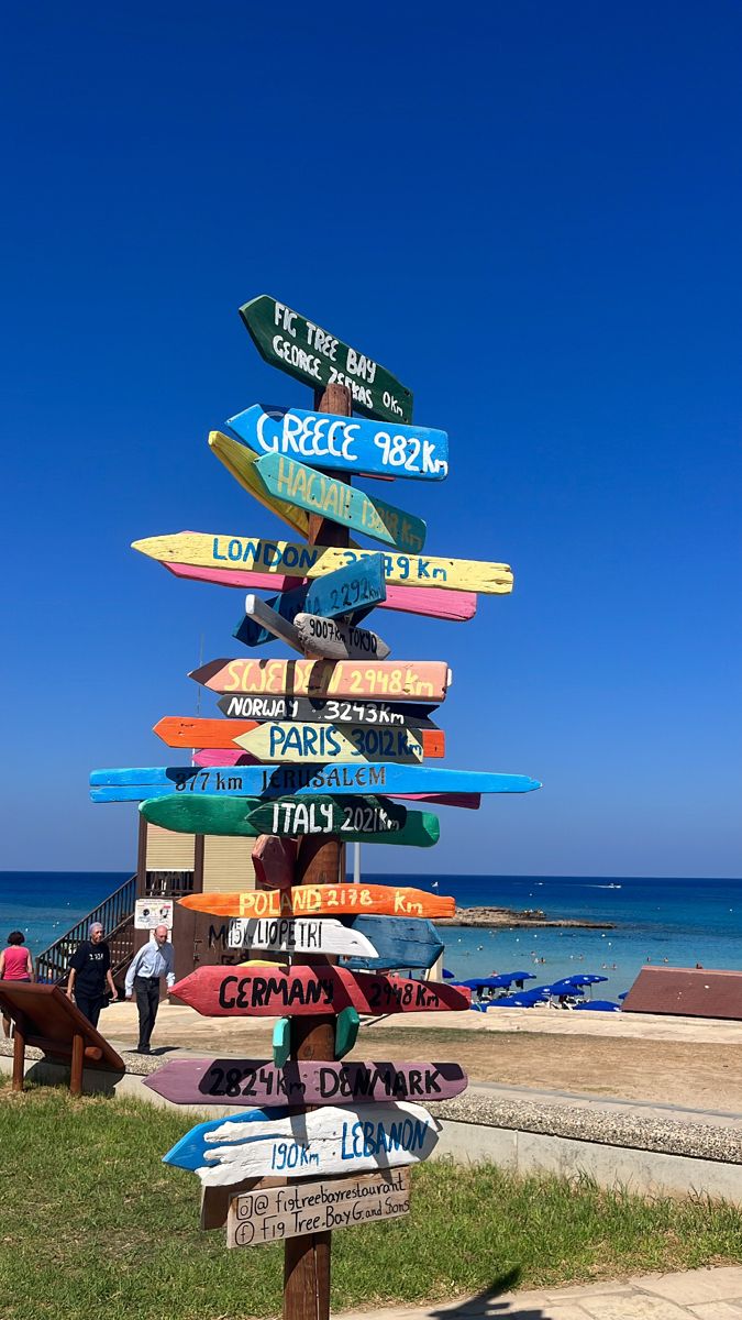 a wooden sign post with many different signs on it's side next to the ocean