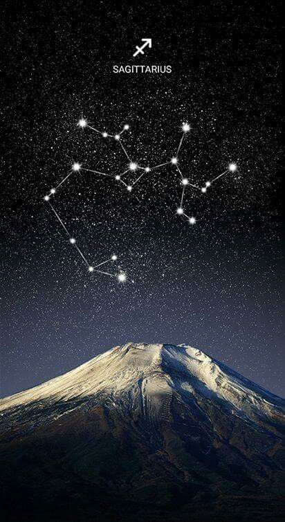 the zodiac sign sagittatus is shown in front of a mountain at night