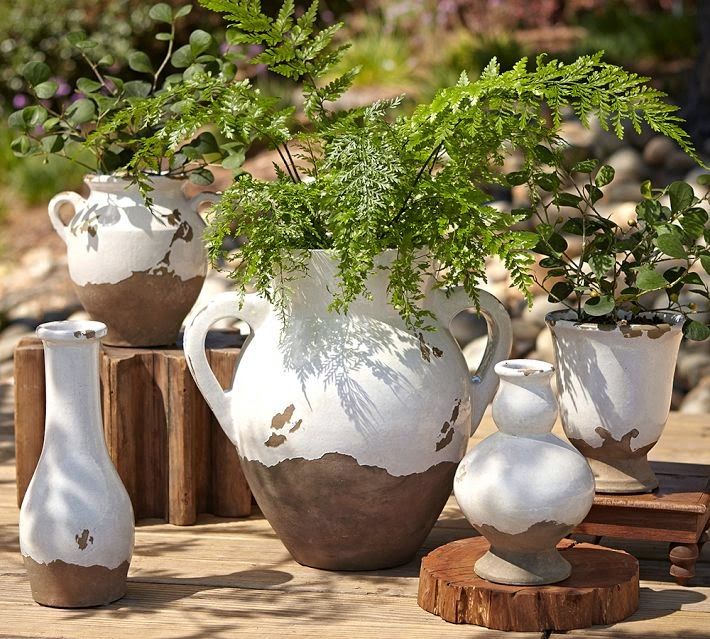 three white vases with plants in them on a wooden table next to some rocks