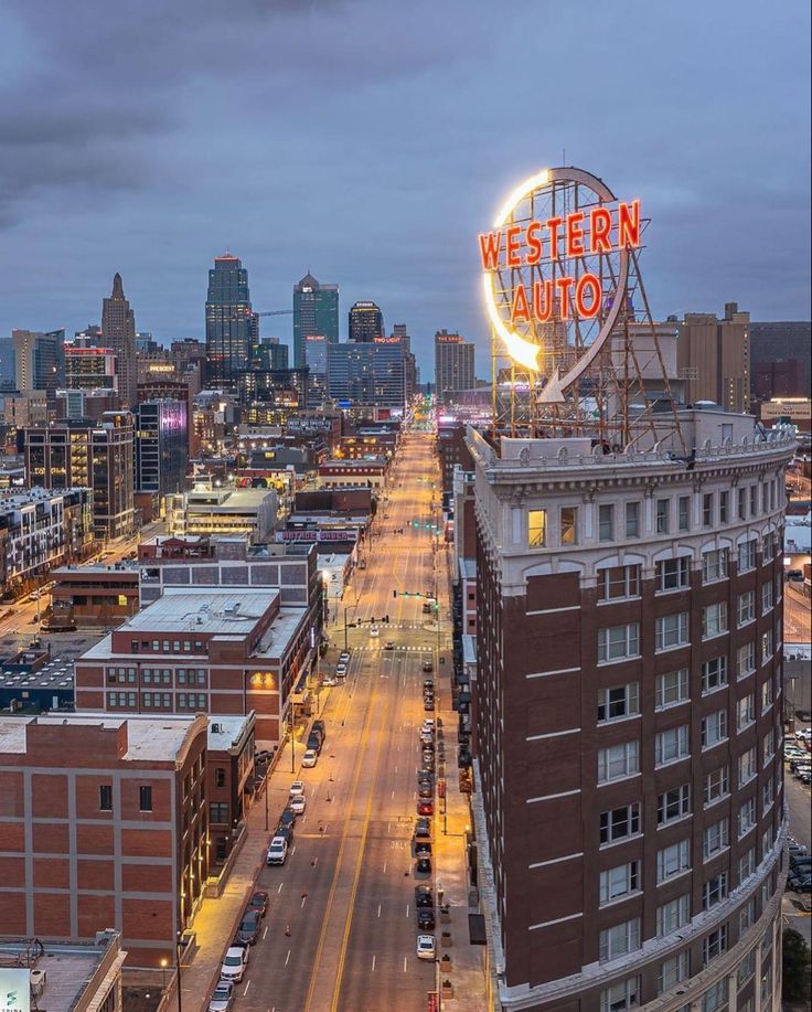 an aerial view of the western auto building in downtown nashville, tennessee at night time