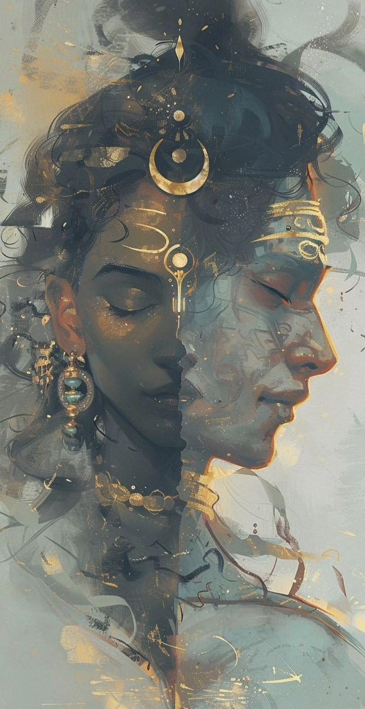 an artistic painting of two women with gold jewelry