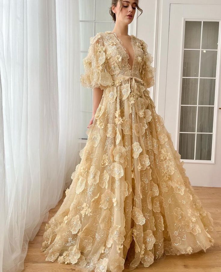 Aurora Floral Elegance Gown | Teuta Matoshi Fairy Prom Dress, Floor Length Evening Dress, Teuta Matoshi, Classic Dresses, Evening Dress Floor Length, Flare Sleeves, Fancy Dress Design, Custom Size Dresses, Dress A Line