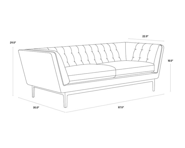 a line drawing of a sofa with the measurements for it's seat and back