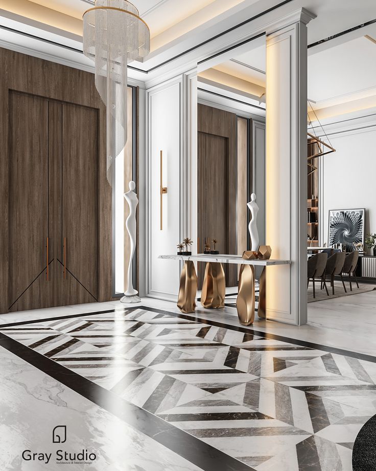 an elegant dining room with marble flooring and wooden paneled doors in the background