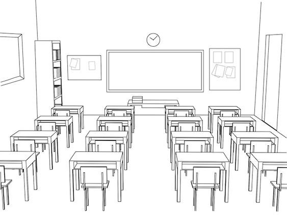 an outline drawing of a classroom with desks and bookshelves