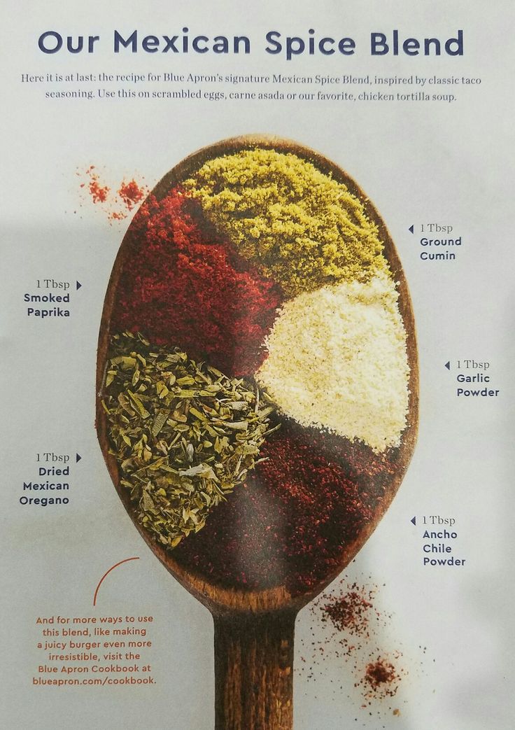 a wooden spoon filled with spices on top of a white paper sheet that says our mexican spice blend