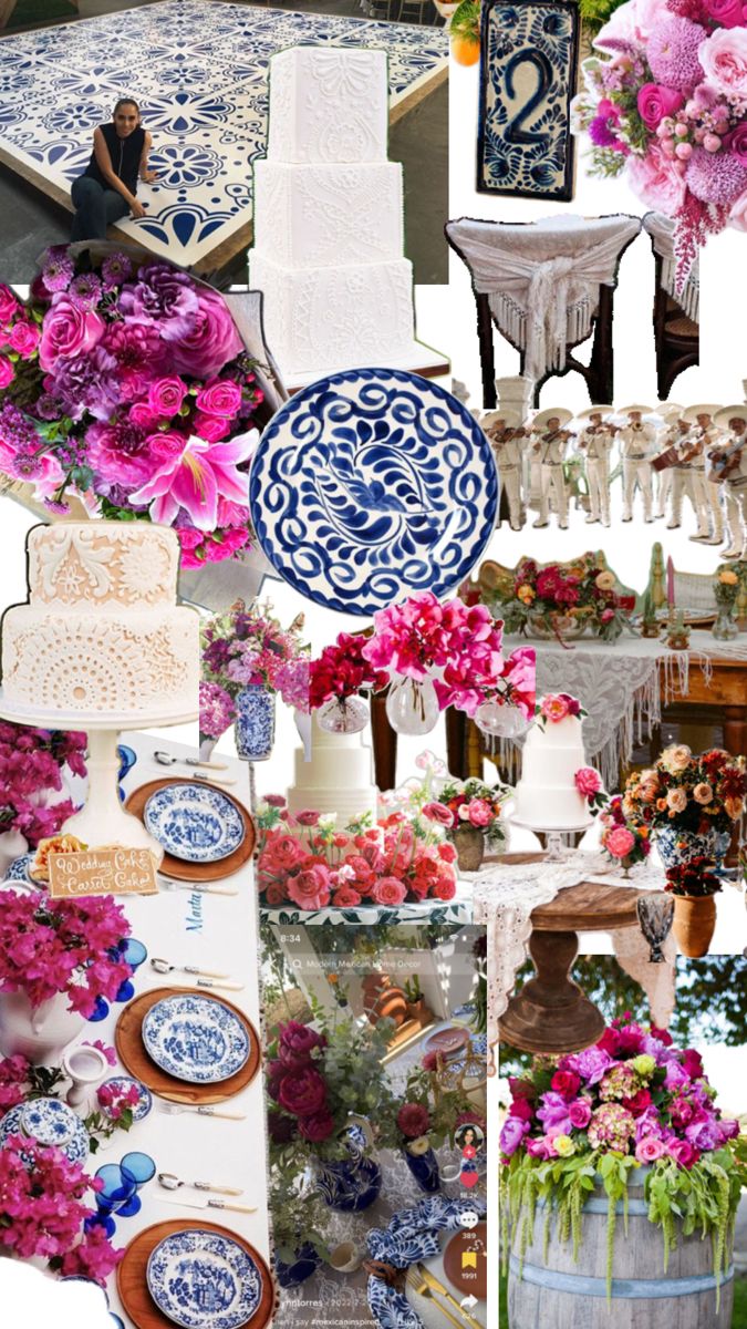 a collage of blue and white plates, flowers, vases and other decorative items