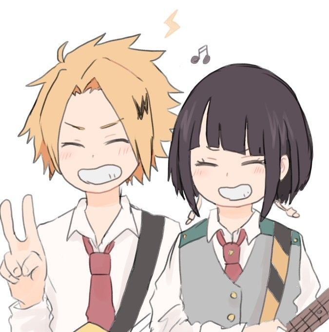 two anime characters with one holding a guitar and the other pointing at something in front of them