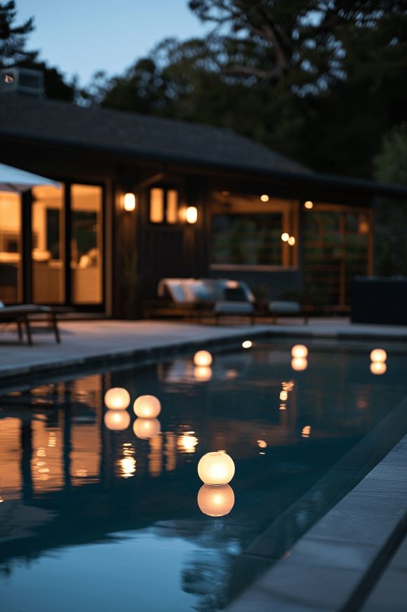 lit candles are floating in the pool at night, near an outdoor dining table and lounge area