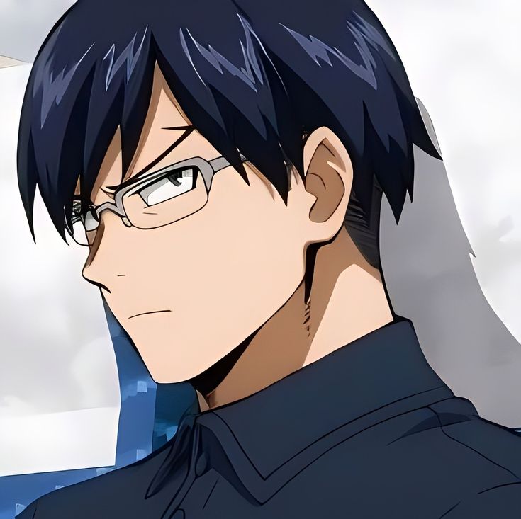 an anime character with glasses and black hair looking at something in the distance behind him