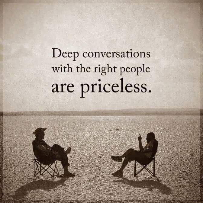 two people sitting in chairs on the beach with a quote about deep conversations with the right people are priceless