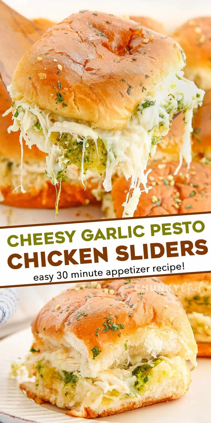 the chicken sliders are made with cheesy garlic pesto and shredded cheese