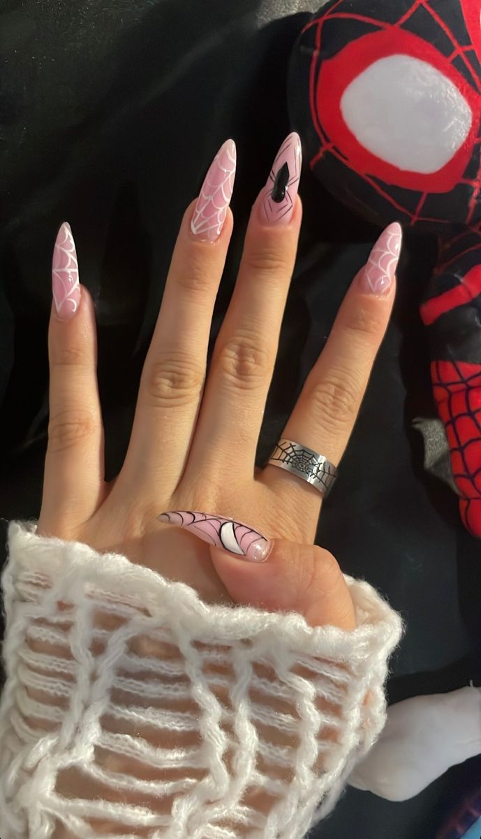 Emo Fall Nails, Marvel Nails, Pink Halloween Nails, Paznokcie Hello Kitty, Girly Acrylic Nails, Pretty Gel Nails, Pink Acrylic Nails, Pink Halloween, Fire Nails