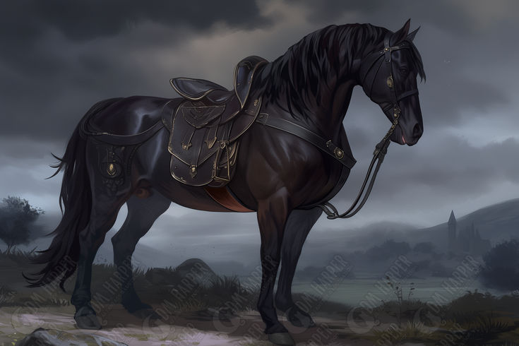 a black horse standing on top of a field