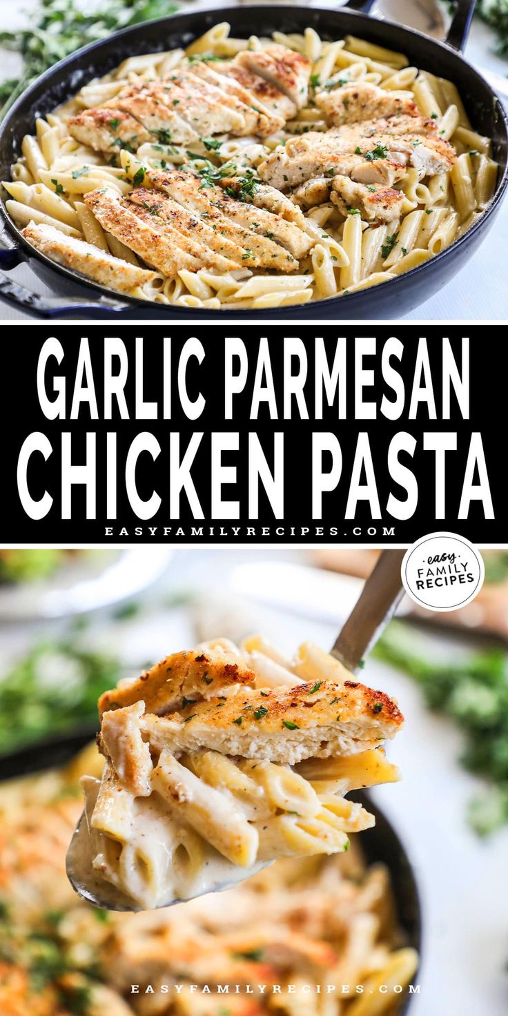 garlic parmesan chicken pasta in a cast iron skillet