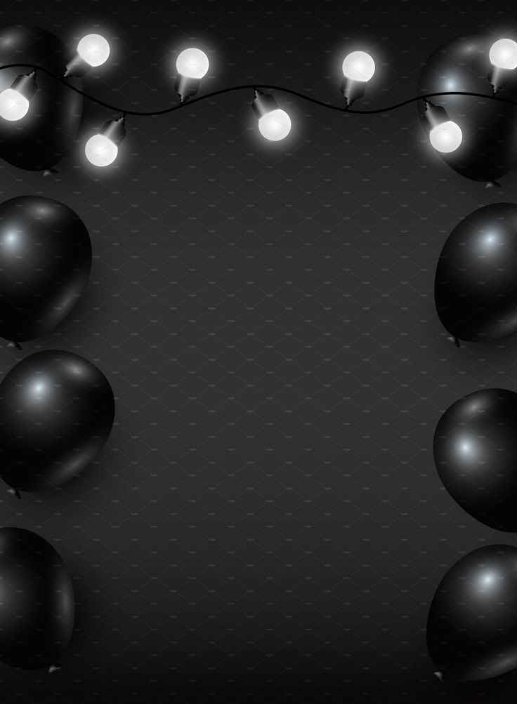 black balloons and lights on a dark background with space for your text or image illustration