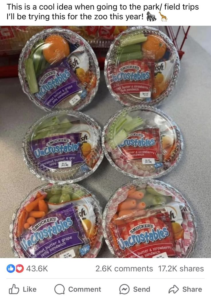 four plastic bowls filled with different types of vegetables on top of a counter next to a carton of chips