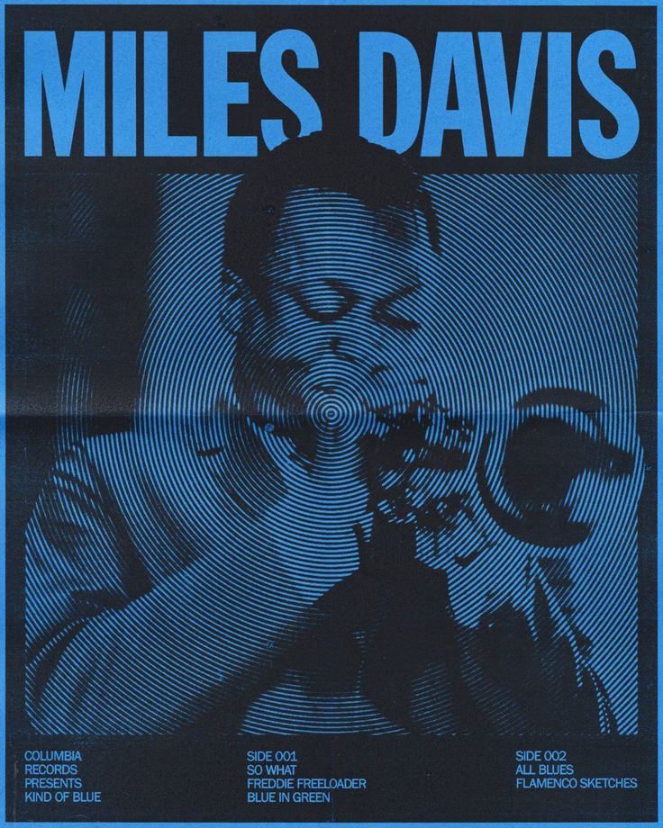 the poster for miles davis is shown in blue