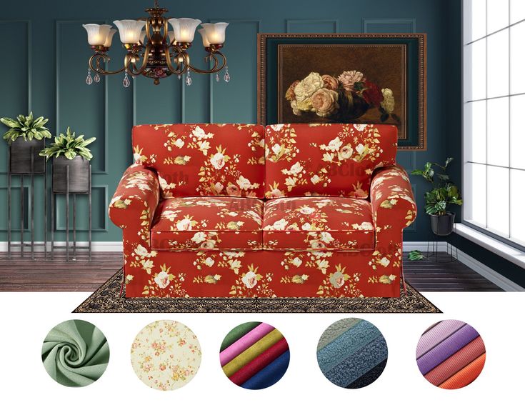 a living room scene with focus on the couch and color swatches to choose from