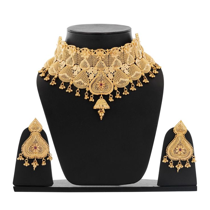 antique gold-plated finish with intricate detailing includes matching earrings for a complete look ideal for bridal wear, festivals, and special events high-quality craftsmanship for an elegant appearance adds traditional charm to any outfit Cheap Gold Sets For Navratri, Reception Temple Necklace With Intricate Design, Traditional Sets With Intricate Design For Festive Occasions, Traditional Festive Sets With Intricate Design, Formal Sets With Intricate Design For Diwali, Formal Sets With Intricate Design For Festivals, Temple Jewelry Sets With Intricate Design For Diwali, Gold Temple Jewelry Sets For Reception, Gold Tikka With Intricate Design For Eid