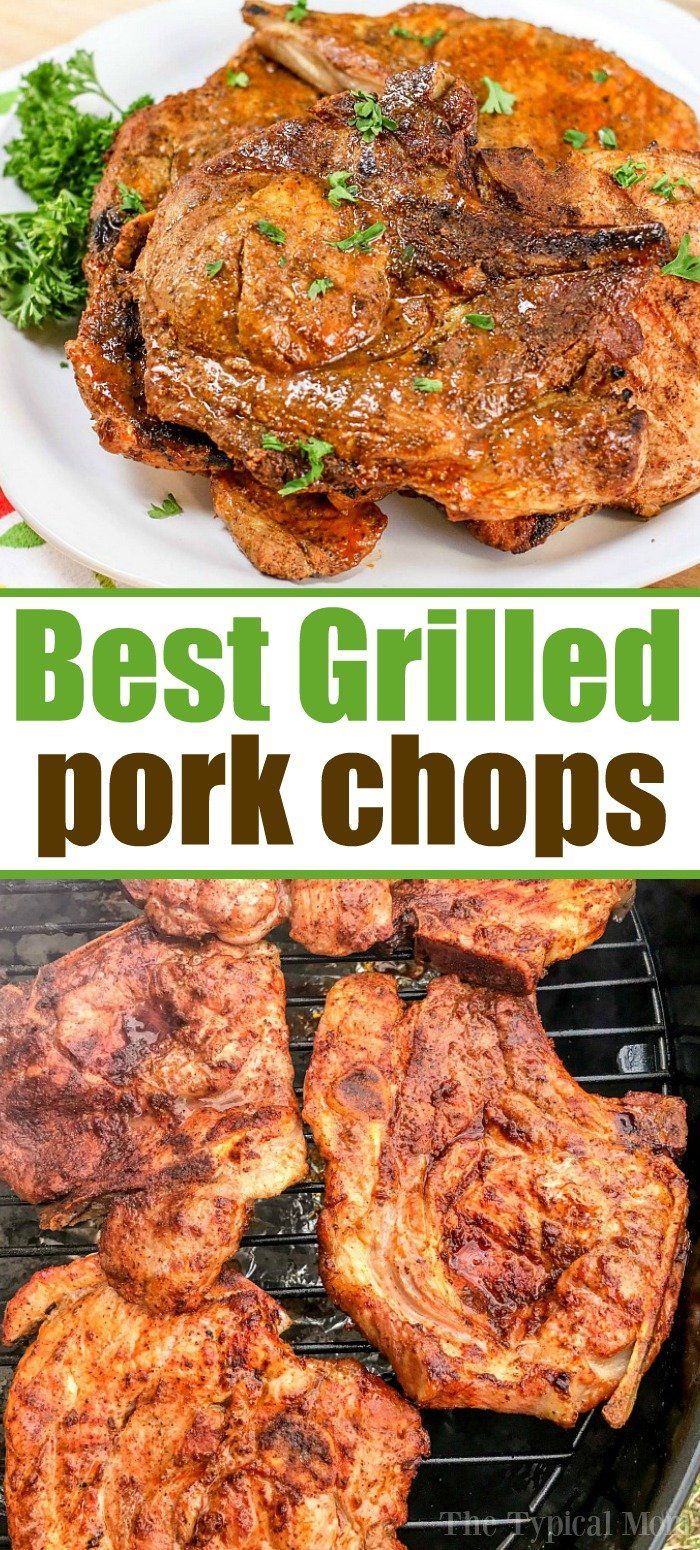 grilled pork chops on the grill with text overlay