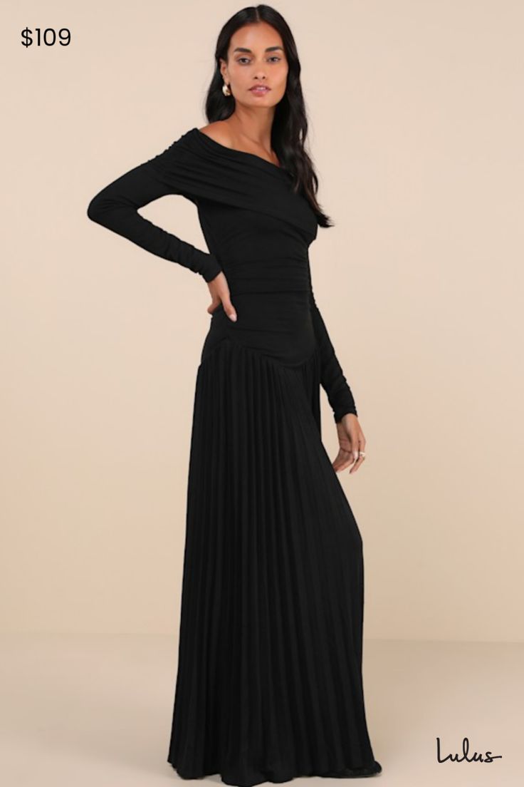 You'll exude effortless elegance no matter the occasion in the Lioness Field of Dreams Black Pleated Off-the-Shoulder Maxi Dress! Lightly textured, stretchy jersey knit shapes this iconic dress with an off-the-shoulder neckline and a fold-over detail that boasts ruching at the shoulders, framed by long sleeves. The figure-skimming silhouette features more ruching at the sides before falling to a pleated maxi skirt with a drop waist design. Fit: This garment fits true to size. Length: Floor lengt A-line Dress, Black Pleated Dress, Drop Waist Dress, Field Of Dreams, Iconic Dresses, Pleated Maxi Skirt, Adhesive Bra, Pleated Maxi, Dropwaist Dress