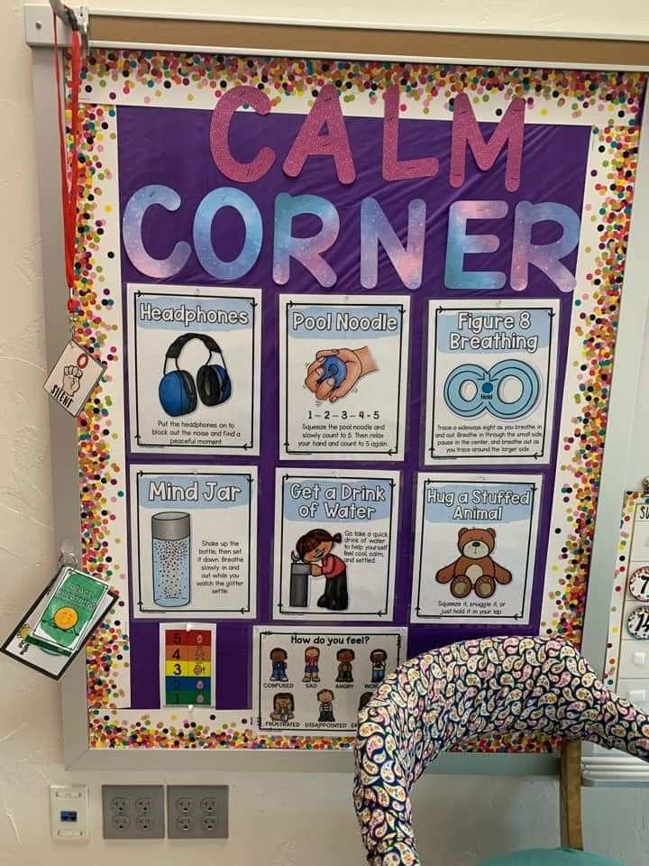 a bulletin board with posters on it that says calm corner