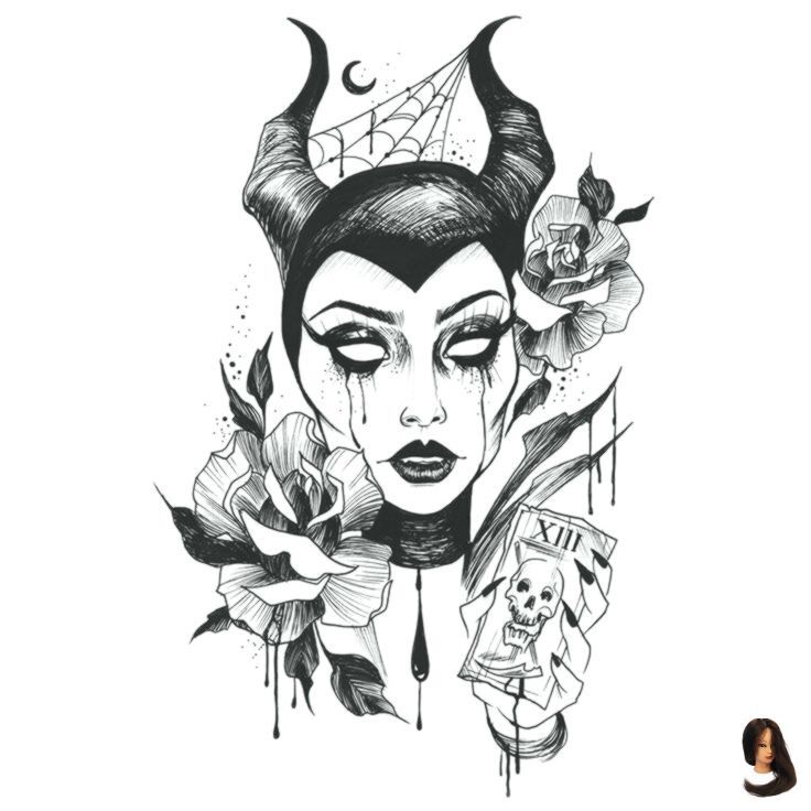 a drawing of a woman with horns and roses on her head, in black ink