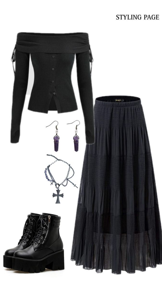 Long Skirt Goth Outfit, Modern Witch Outfit Aesthetic, Long Black Skirt Outfit Aesthetic, Modest Goth Outfit, Cozy Goth Outfit, Whismgothic Outfits, Goth Witch Outfits, Outfit Whimsigothic, Fall Witchy Outfits