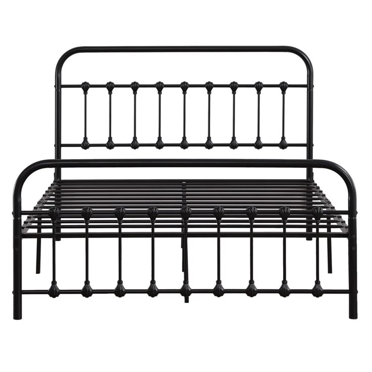 a metal bed frame with black rails and headboard is shown against a white background