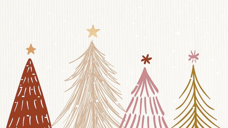 three christmas trees on a white background with snowflakes and stars in the top right corner