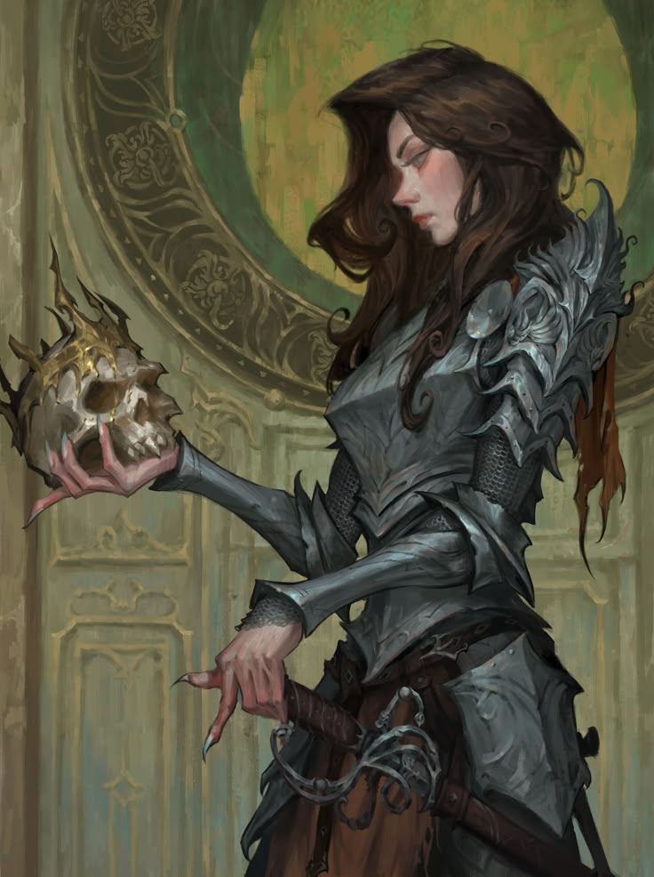 a painting of a woman holding a skull in her right hand and wearing armor on the other side