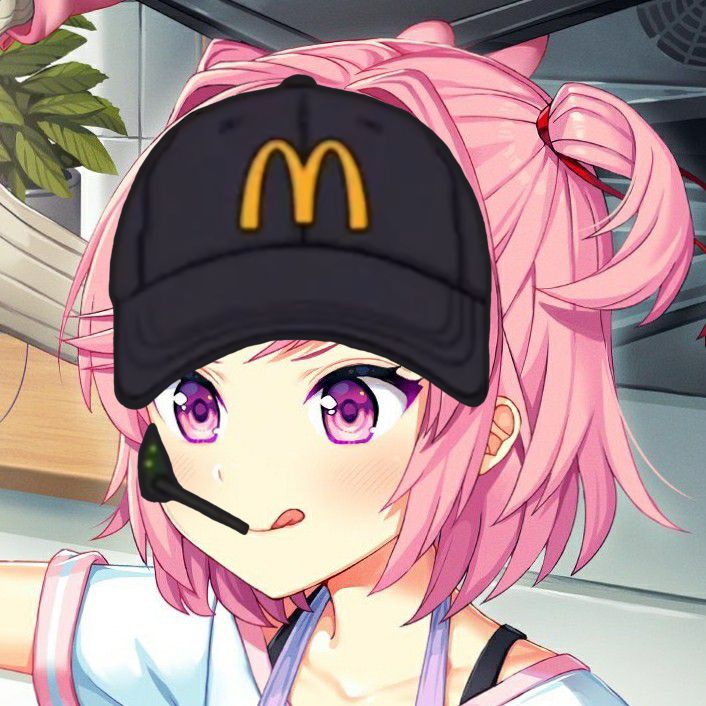 a girl with pink hair wearing a mcdonald hat