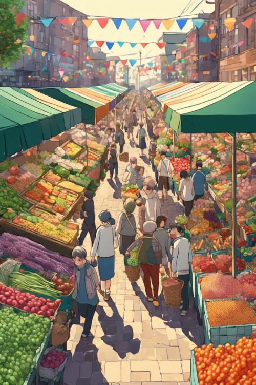 people walking through an open market with lots of vegetables and fruits on display in front of them