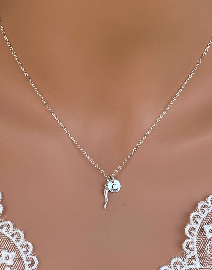 Personalized horn necklace - Initial Italian Horn Necklace - Personalized Initial Horn - Sterling Silver/14k Gold Fill - Cornetto Cornicello Italian Horn Necklace, Tiny Cross Necklace, Italian Horn, Tiny Cross, Horn Necklace, Necklace Initial, The Curse, Rainbow Earrings, Chain Extenders