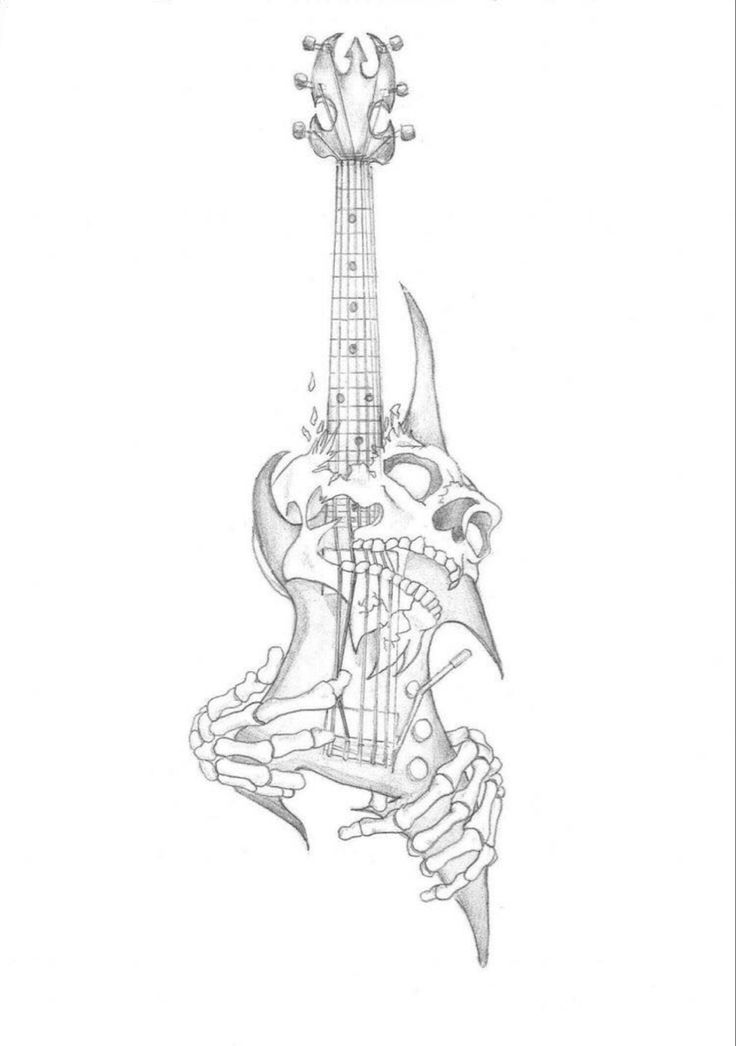 a drawing of a guitar with a skull on it's neck and hands holding the strings