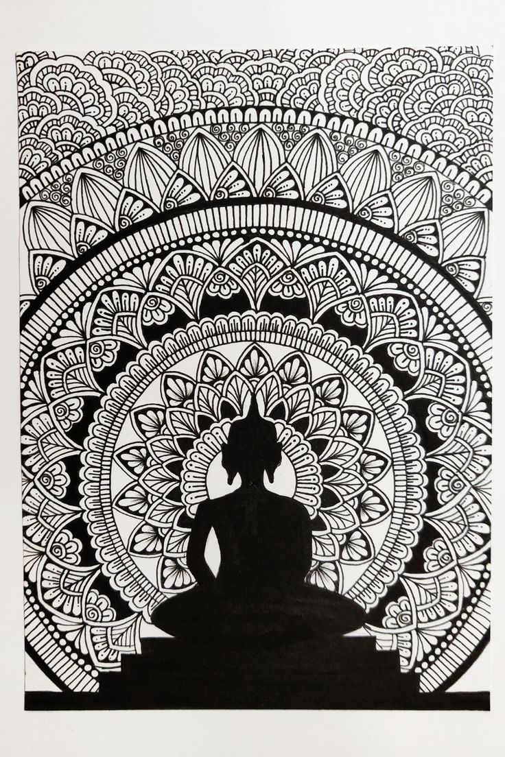 a black and white drawing of a person sitting in the middle of a circle with an intricate