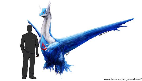 a man standing next to a blue and white bird with its wings spread out in front of him