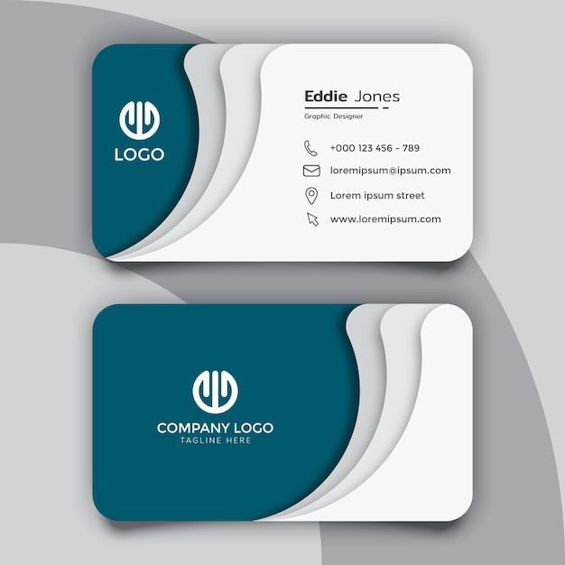 two business cards with the letter u and an abstract design in blue, white and grey