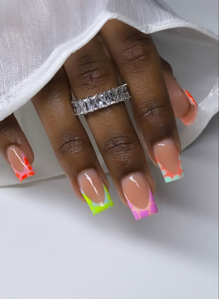 Abstract French Tip Nails Short, Short Square Croc Nails, Colorful Spring Break Nails, Colorful Croc Nails, Basic Baddie Nails Acrylic, Basic Baddie Nails Short, Dope Nail Designs Classy Short Acrylic, Tropical French Tip Nails, Short Croc Nails