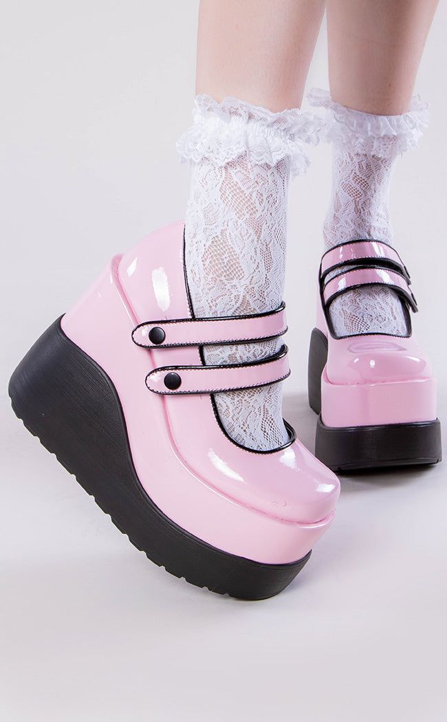 VOID-37 Baby Pink Patent Mary Jane Wedges-Demonia-Tragic Beautiful Cute Pink Platforms, Pink Demonia Shoes, Demonia Boots Pink, Pink Mary Janes With Buckle Closure And Round Toe, Demonia Platforms, Gothic Shoes Platform Pink, Mary Jane Wedges, Demonia Boots, Demonia Shoes