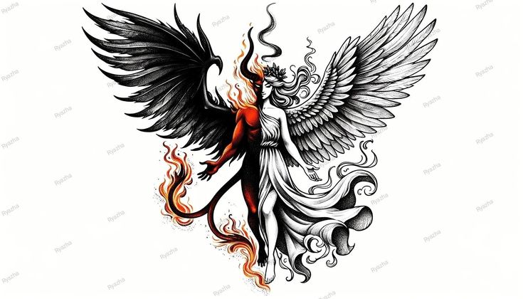 an angel with flames on it's wings is shown in black and red ink