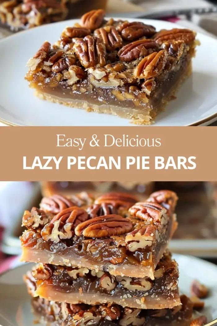 three pieces of pecan pie bars stacked on top of each other with the words easy and delicious lazy pecan pie bars