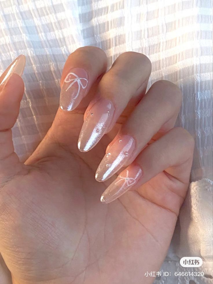 Bow Nail Designs, Coquette Nails, Hello Nails, Pretty Gel Nails, Pearl Nails, Soft Nails, Funky Nails, Pretty Acrylic Nails, Nail Shapes