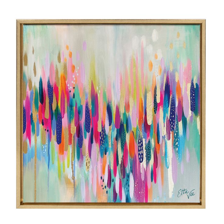 an abstract painting with multicolored paint and gold frame on a white wall above it