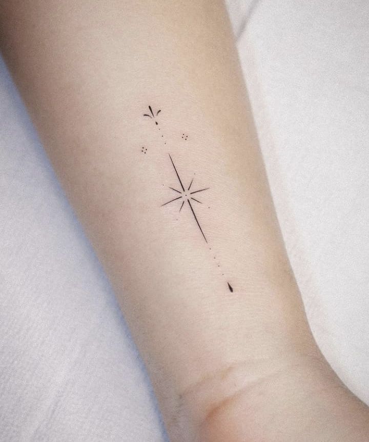 a woman's arm with a small star tattoo on the left side of her wrist